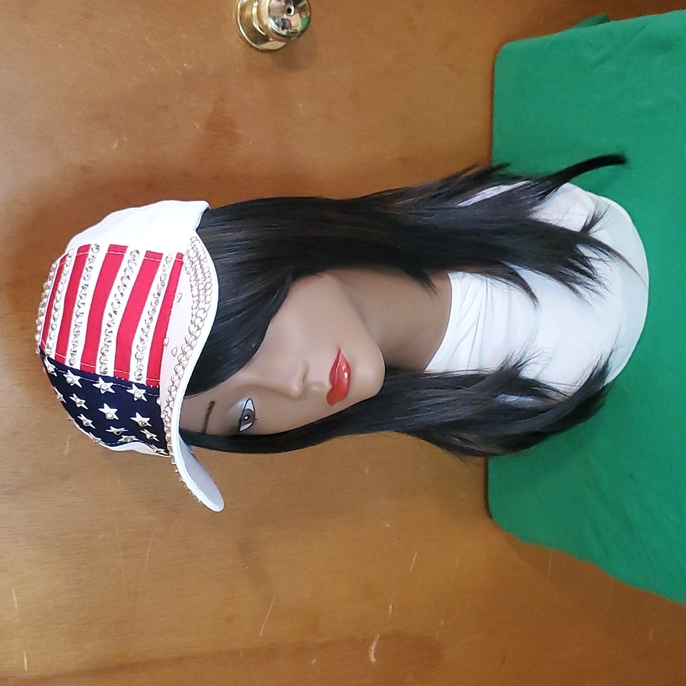 Womens White USA Flag Cap With Rhinestones